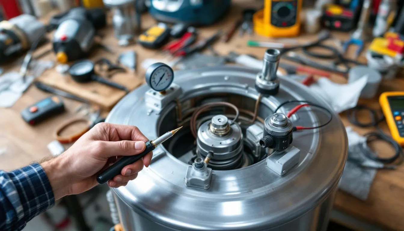 In this image, various water heater components are displayed alongside testing equipment, illustrating a troubleshooting process conducted by certified technicians. The scene emphasizes the importance of expert maintenance and repair services for RV owners to ensure their vehicles are road-ready and safe for the RV lifestyle.