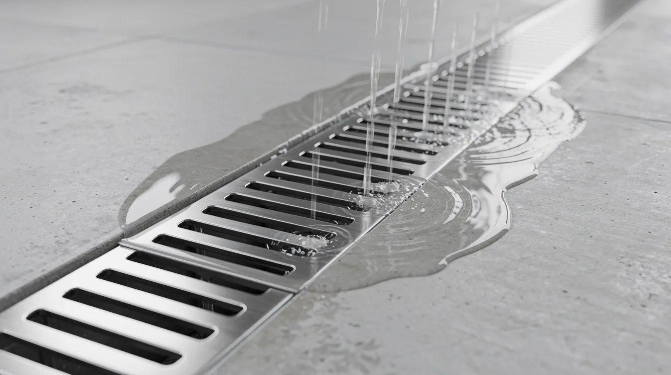 Stainless steel trench drain installed in a concrete floor.