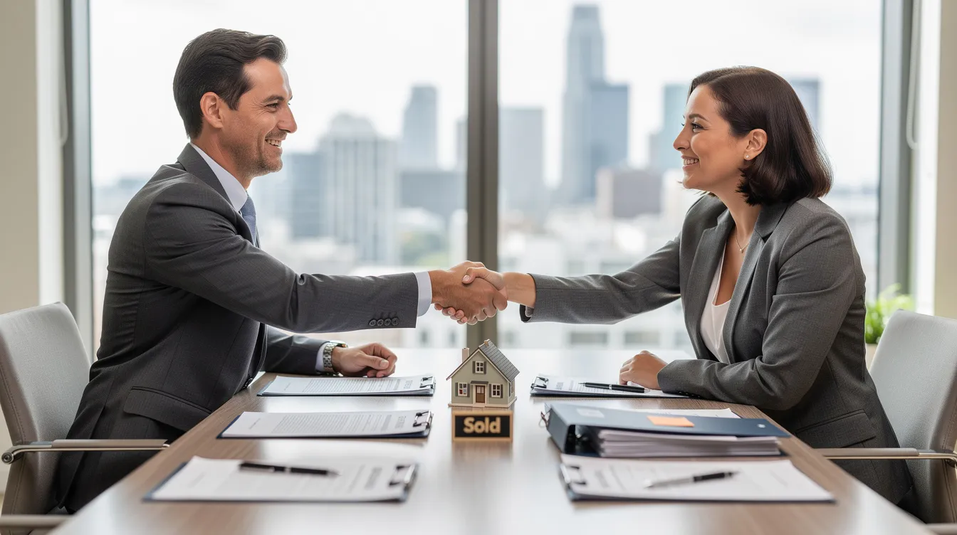 In a bright modern office, two professionals are shaking hands across a table filled with documents, symbolizing the successful closing of a real estate transaction. The warm atmosphere reflects the collaborative relationship between the buyer and their real estate agent, highlighting the importance of the buyer's agent in navigating the process and ensuring the best interests of the parties involved.