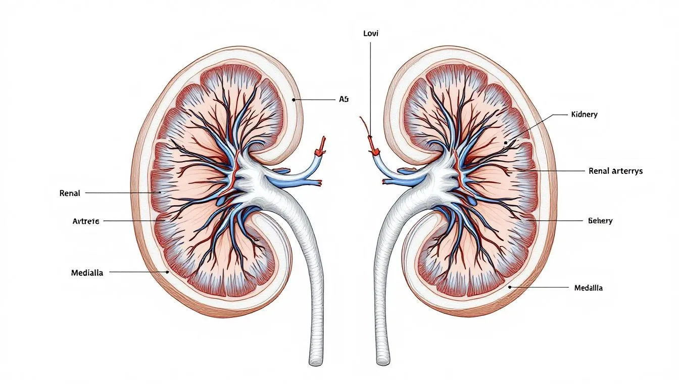 The image displays the internal anatomy of healthy dog kidneys, highlighting the blood vessels and kidney tissue. This visual representation aids in understanding kidney function and the importance of monitoring for kidney disease in dogs.