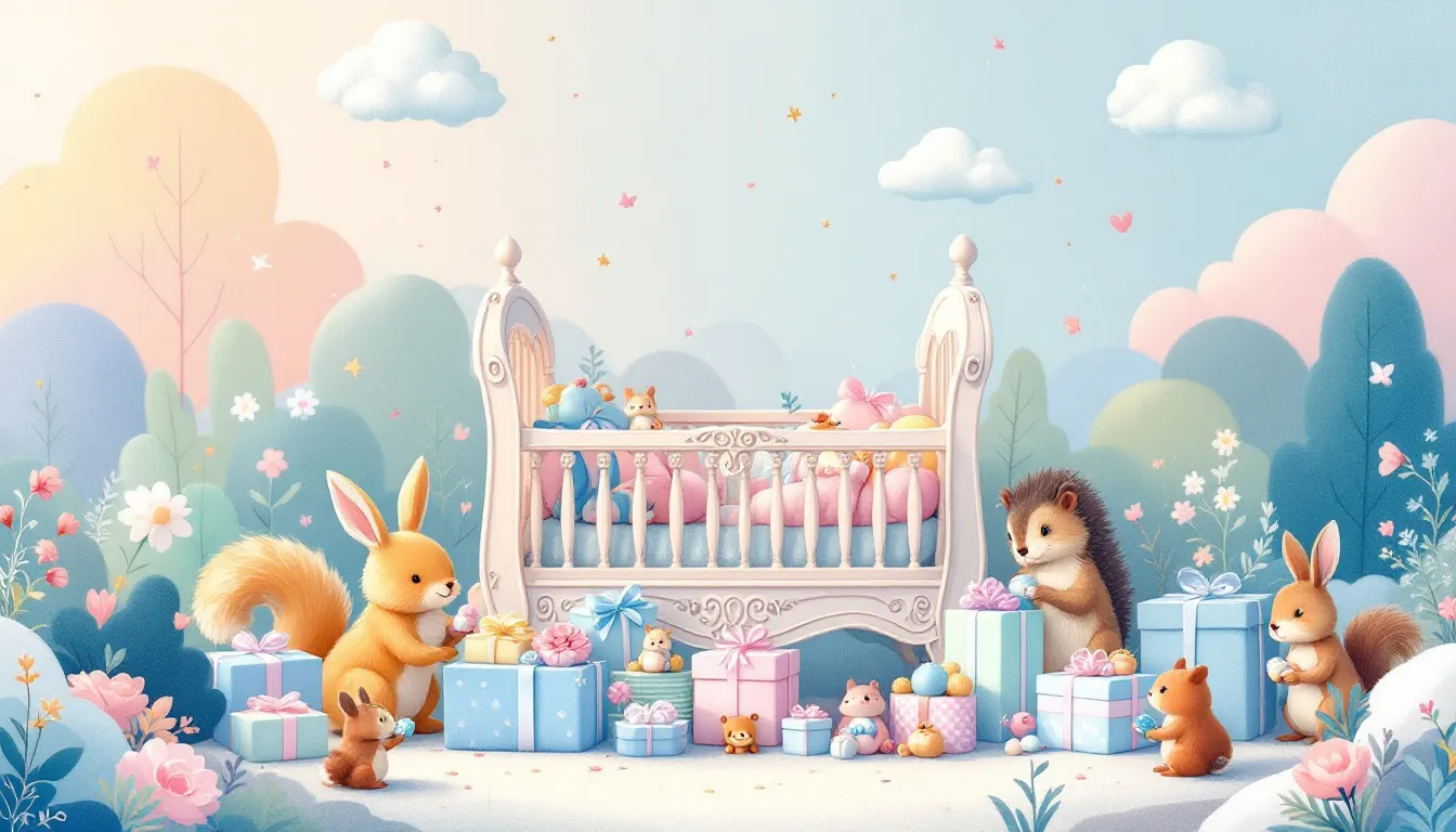 Personalized baby shower gifts arranged creatively.