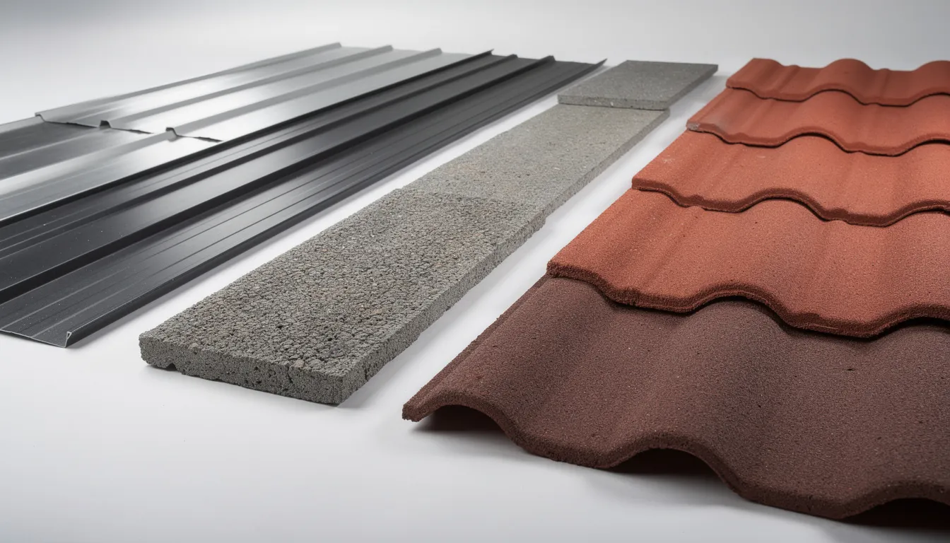 The image showcases a close-up view of various roofing material samples, including sleek metal sheets and textured concrete tiles, highlighting the diversity of roofing options available for residential and commercial properties. This selection emphasizes the importance of high-quality roofing materials for effective roof repairs and maintenance, ensuring the structural integrity and longevity of roofs in Auckland.