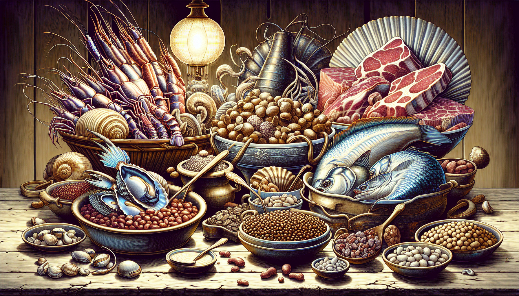 Illustration of zinc-rich foods like shellfish, legumes, and meats