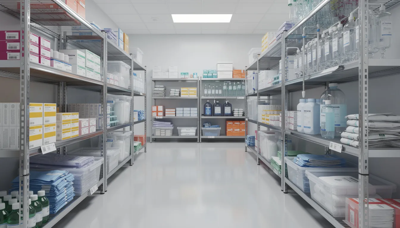 Estantes organizados en un almacén de clínica, repletos de insumos para la salud, incluyendo medicamentos genéricos y productos farmacéuticos. La imagen refleja un ambiente ordenado, donde se pueden observar fármacos y remedios herbolarios, cumpliendo con las normativas de la ley general de salud.