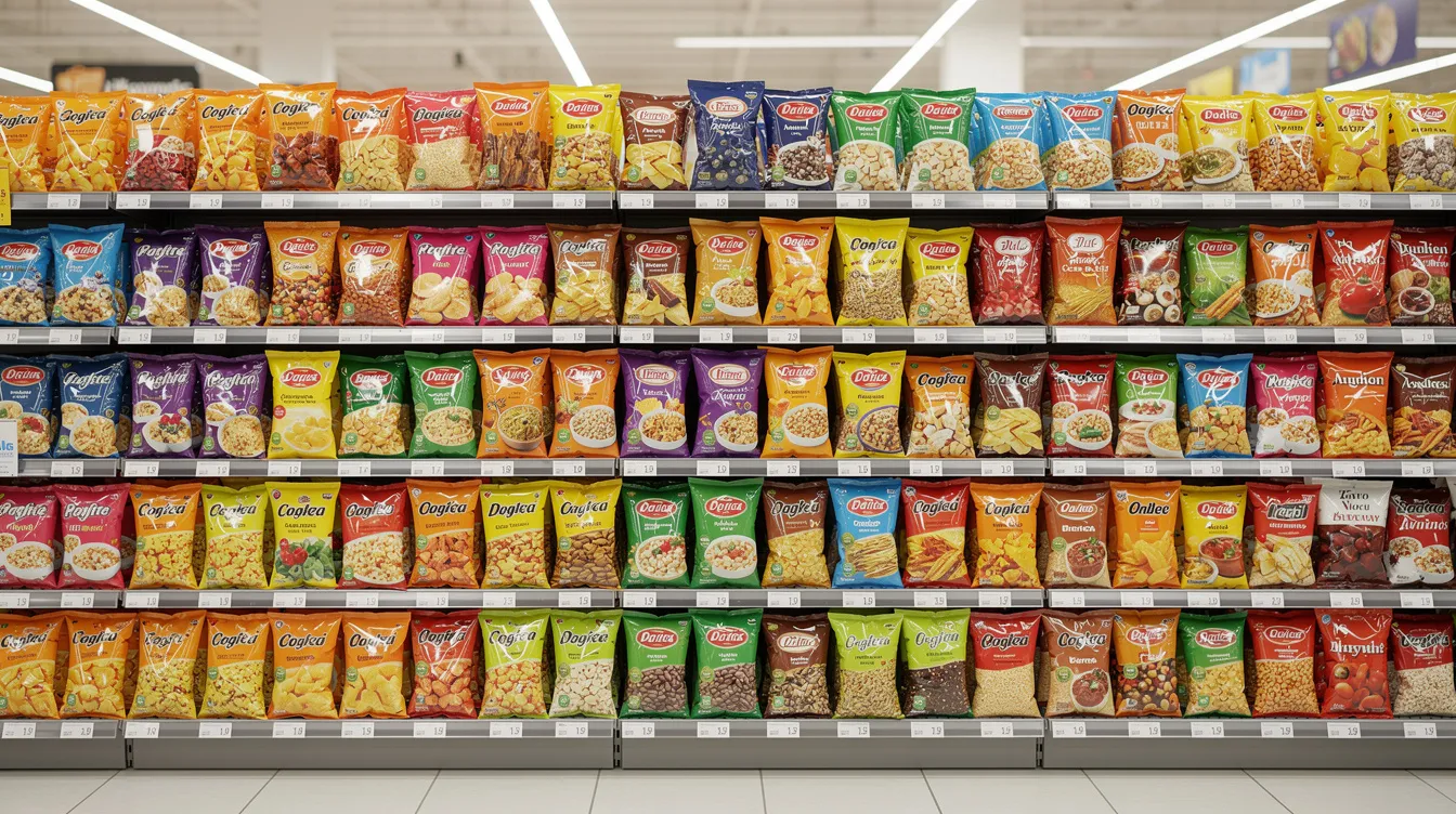 a03bab80 98db 4722 a20e 3fe33ca0e605 The image shows neatly arranged branded food product packets, including poha and rice flakes, on retail store shelves, highlighting the organized layout typical in the food processing industry. This visual representation reflects the market demand and business opportunities within the poha manufacturing sector.