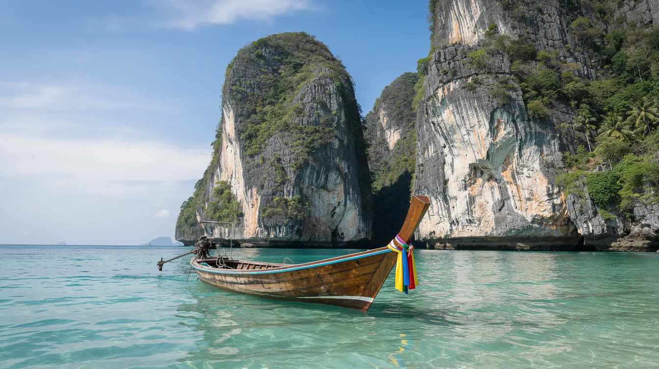 Auf dem Bild sind beeindruckende Kalksteinfelsen zu sehen, die aus dem türkisblauen Meer emporragen. Davor fährt ein traditionelles Longtail-Boot mit bunten Tüchern, das perfekt die Schönheit und Kultur Thailands widerspiegelt, ein ideales Ziel für Reisende auf der Suche nach traumhaften Stränden und unvergesslichen Erlebnissen.