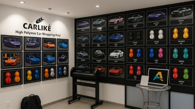 A showroom displaying different vinyl wraps