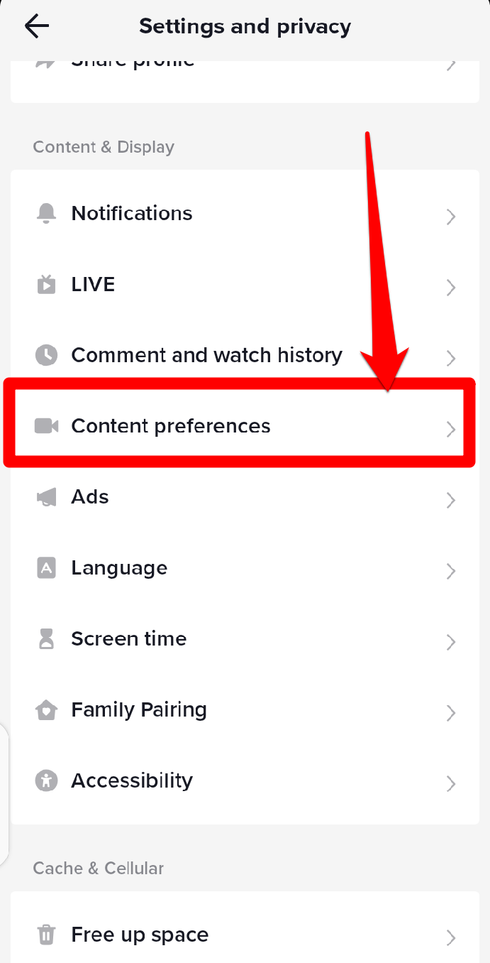 Picture showing the content preferences option on TikTok