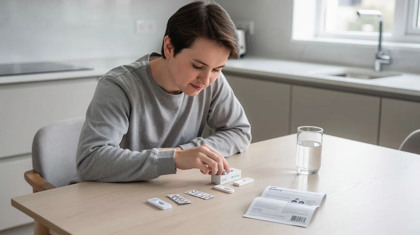 Eine Person sitzt entspannt am Küchentisch und öffnet ein kleines medizinisches Testkit, während sie sich mit den steigenden Fallzahlen von Gonorrhö und Syphilis in Europa beschäftigt. Die moderne Einrichtung vermittelt ein Gefühl von Ruhe, während die Gesundheitsbehörden auf die Notwendigkeit von Tests und Prävention hinweisen.