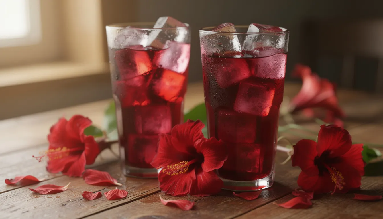 Vasos altos de bebida de hibisco bissap de color rojo profundo con hielo, rodeados de flores frescas de hibisco, sobre una mesa de madera. Esta bebida es un ejemplo de la gastronomía de Costa de Marfil, ideal para refrescarse en un día caluroso.