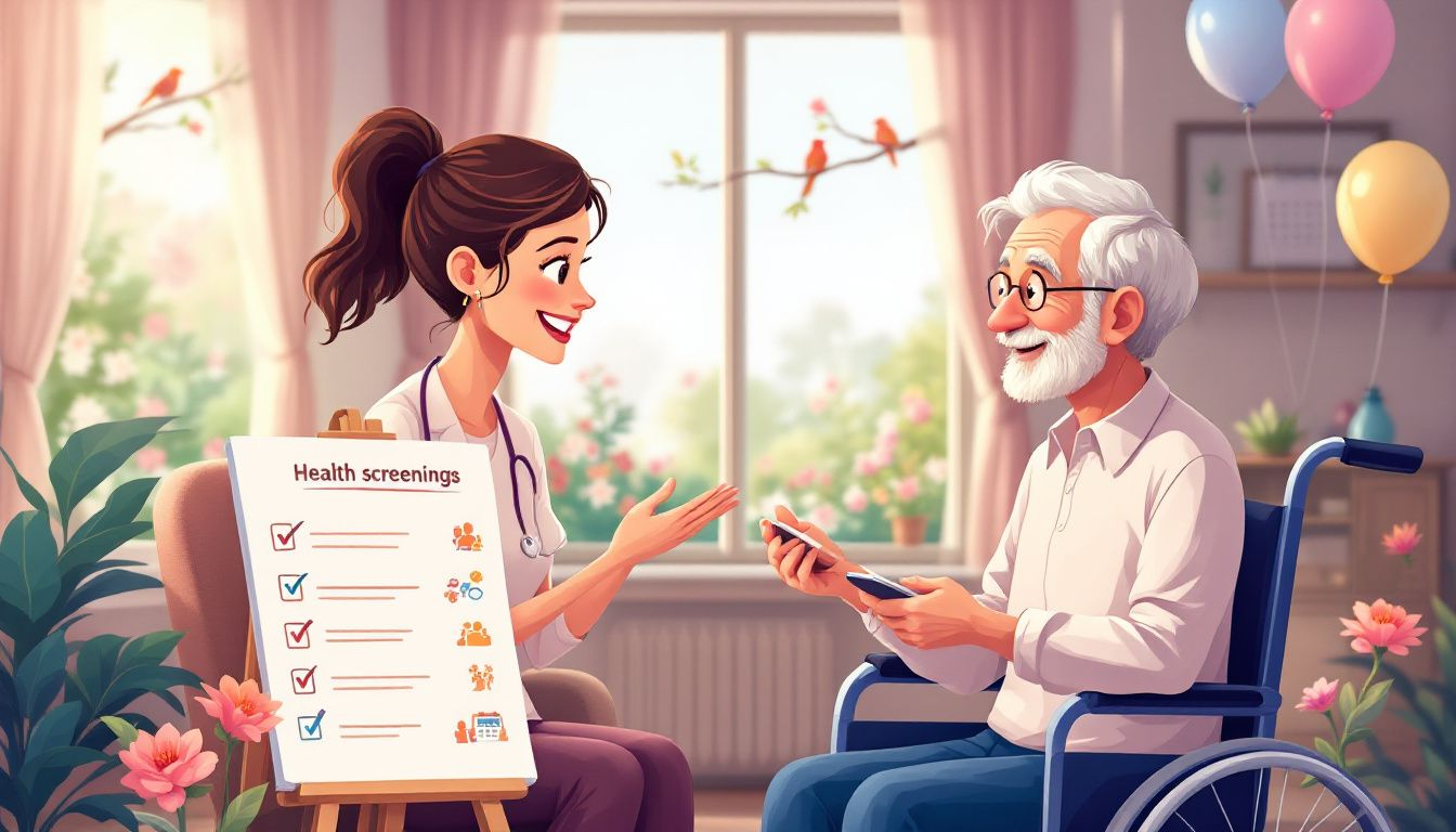 A healthcare professional discussing health screenings with an elderly patient.