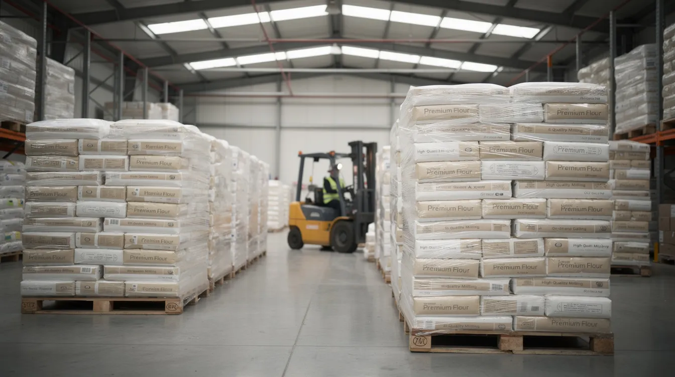 a0421c7f 5f7e 4b3f 93aa 1482df6e7692 The image shows neatly stacked packaged wheat flour bags in a warehouse, with a forklift positioned in the background, indicating the logistics involved in the flour mill project. This setup reflects the operational aspects of a flour mill business, essential for producing high-quality wheat products.