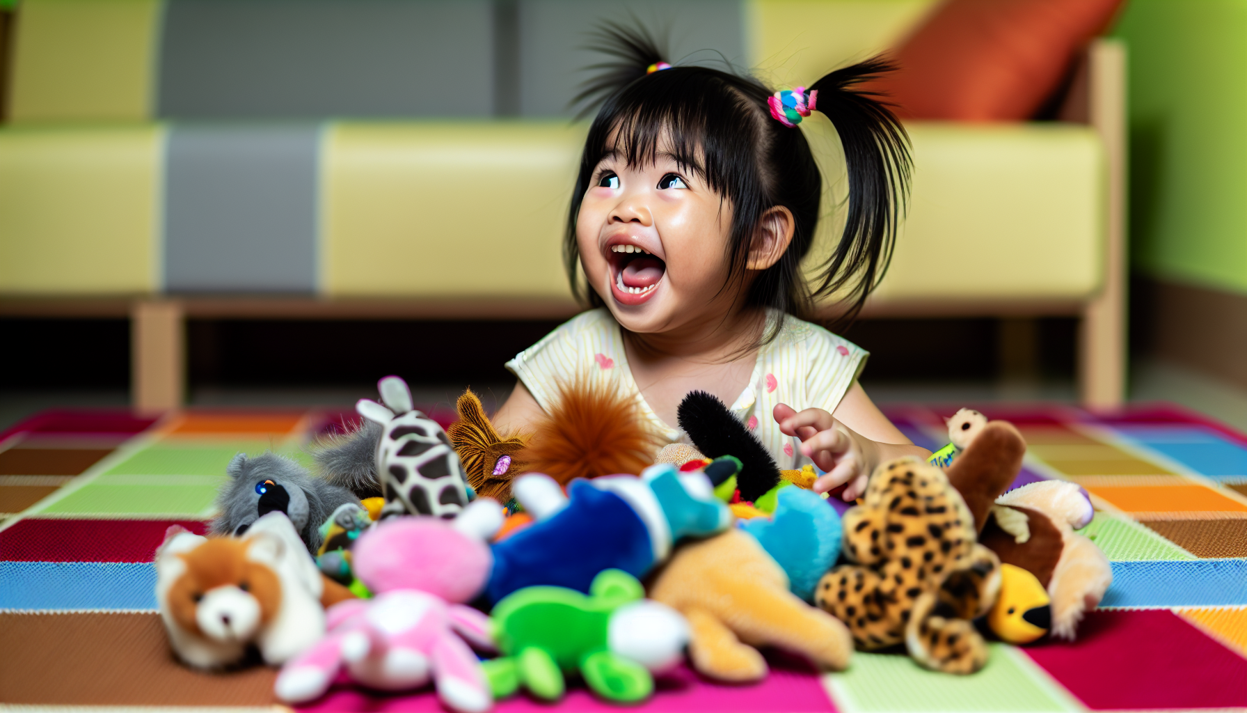 Child playing with stuffies toys