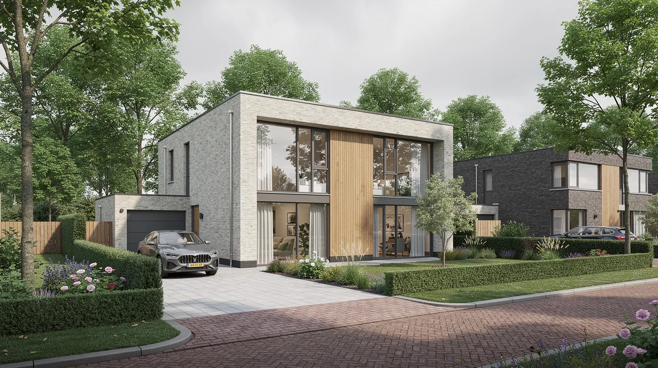 Een moderne woning met een strakke architectuur staat in een groene Nederlandse woonwijk, omringd door bomen en grasvelden. De oprit leidt naar de ingang van het huis, wat een gevoel van rust en verbondenheid met de natuur uitstraalt.