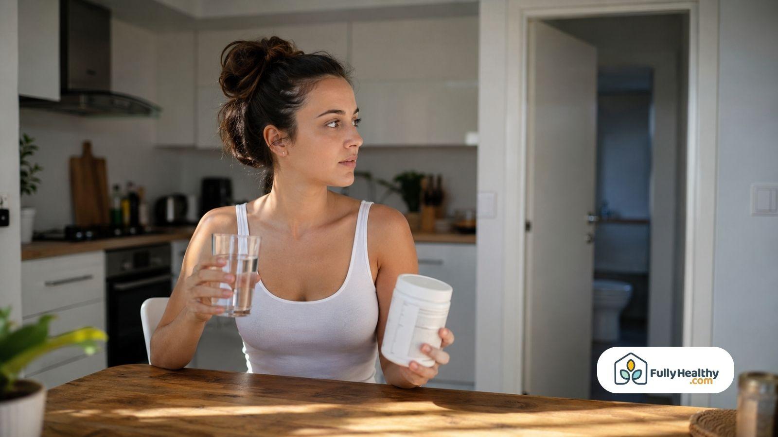 Woman holding collagen supplement and glass of water in bright kitchen.