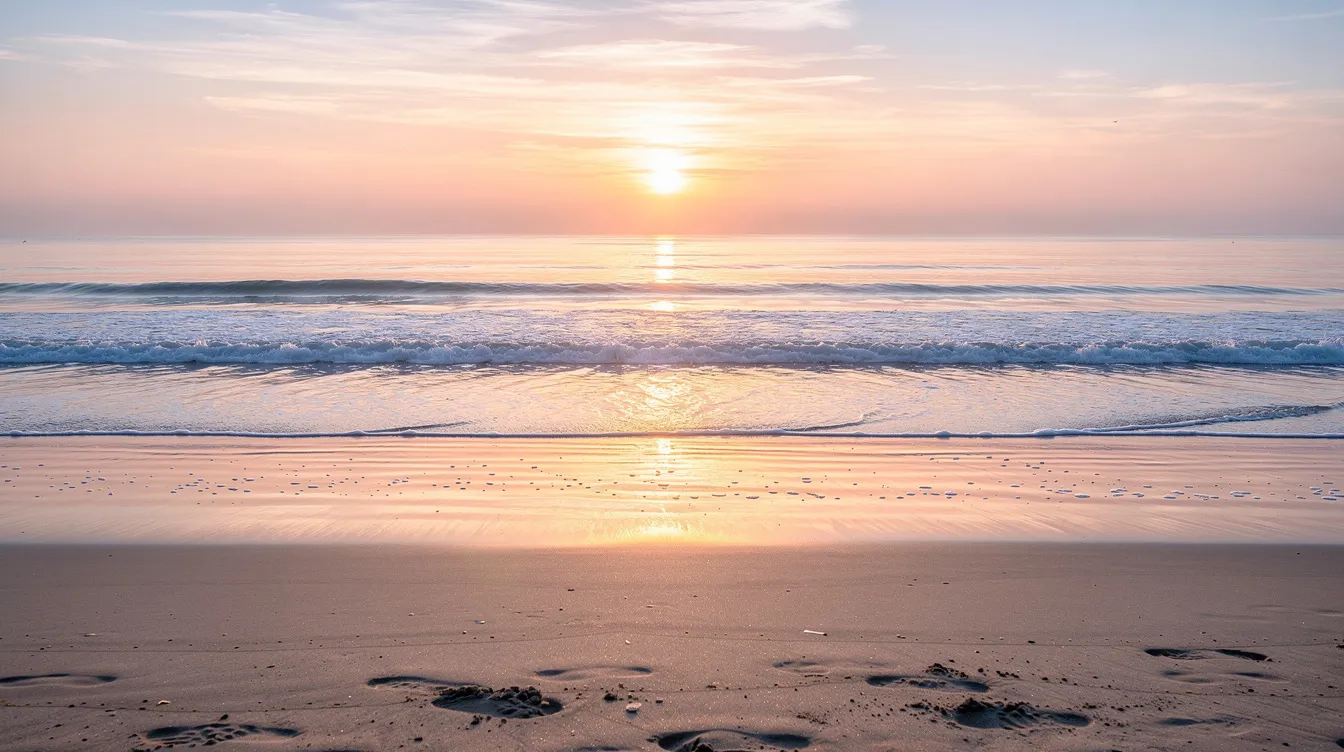 The image depicts a serene ocean shoreline at sunrise, where soft waves gently lap against the sand, illuminated by warm, golden light. This tranquil scene evokes feelings of peace and hope, symbolizing a fresh start and the beauty of nature, inviting viewers to process their emotions and reflect on life's simple joys.