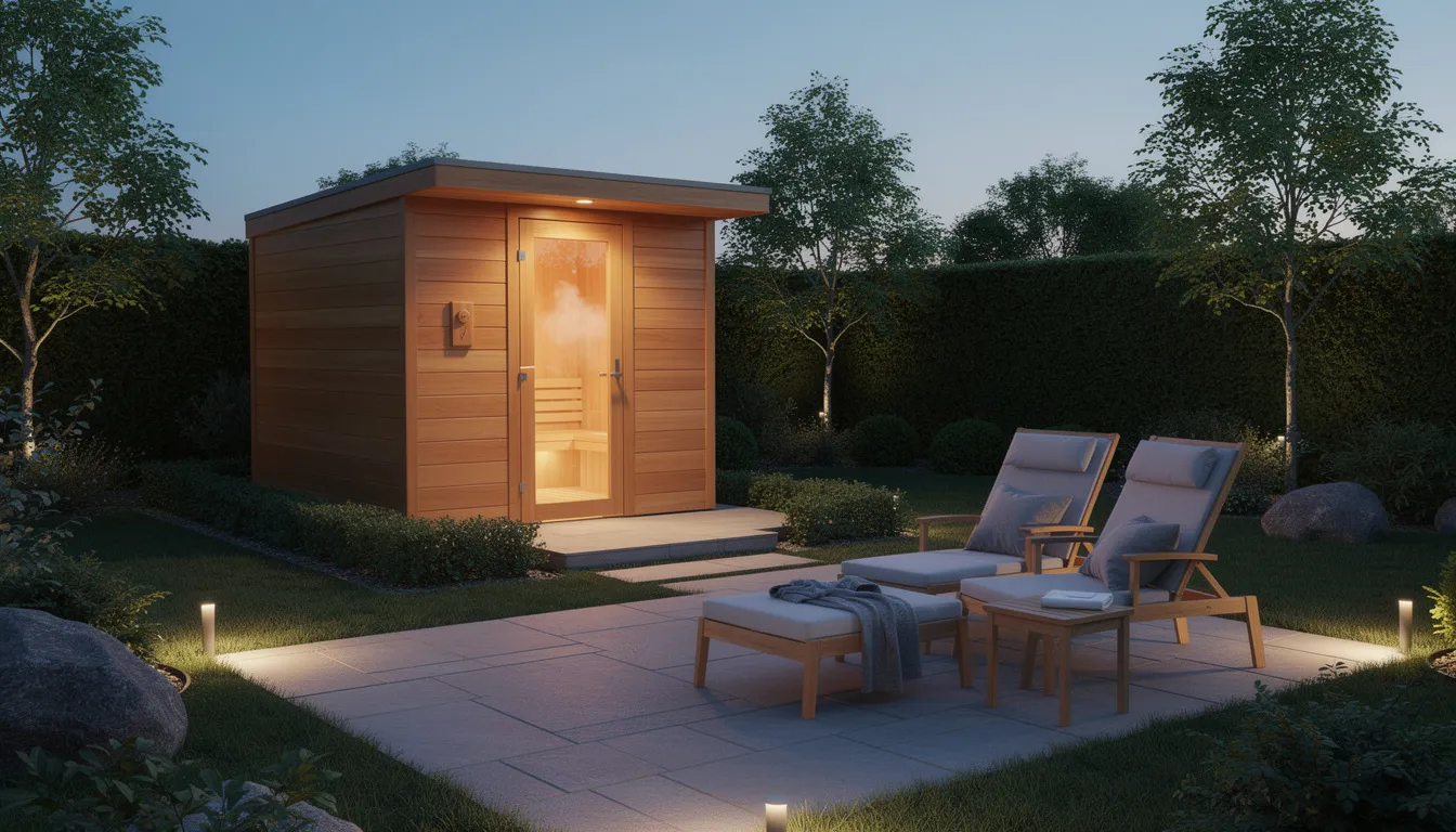 A modern wooden sauna cabin is nestled in a beautifully landscaped backyard, complemented by outdoor seating nearby for relaxation. This home sauna offers a serene environment for sauna sessions, promoting health benefits such as improved circulation and muscle recovery through gentle warmth and proper ventilation.