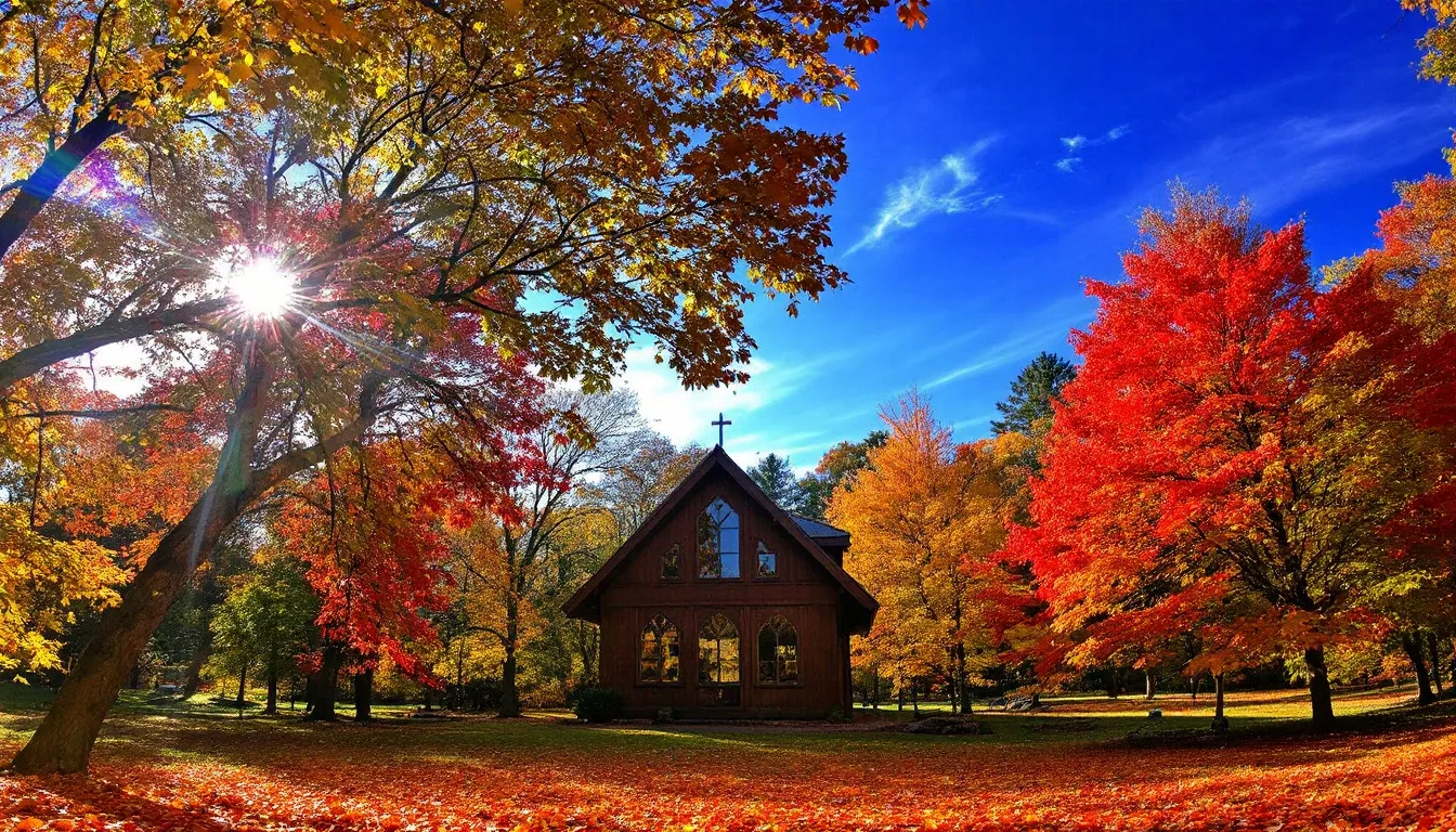 The image showcases Thorncrown Chapel, a glass-walled forest chapel designed by E. Fay Jones, nestled in the vibrant autumn foliage of northeast Arkansas. The surrounding trees display a rich palette of orange, red, and yellow leaves, creating a picturesque scene that highlights the chapel's harmonious integration with nature in Eureka Springs.
