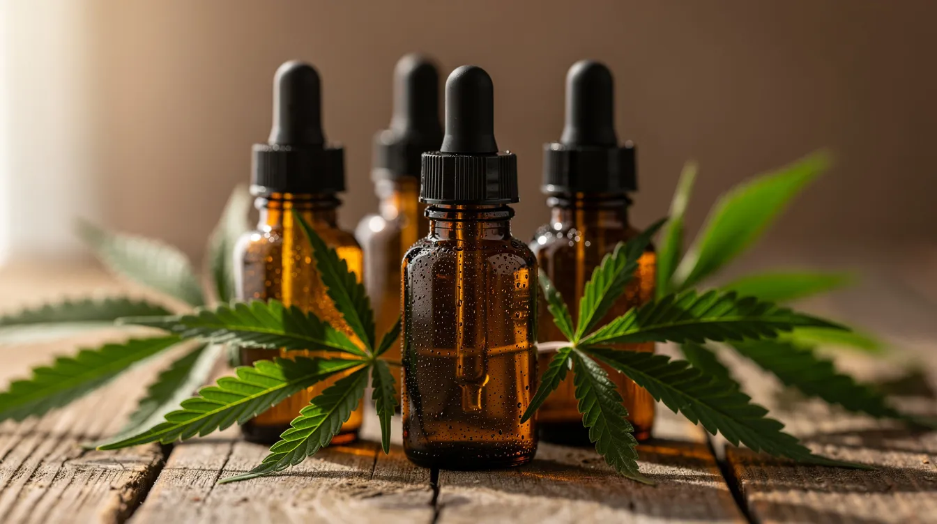 The image features a close-up view of amber-colored tincture bottles alongside fresh hemp leaves, all arranged neatly on a wooden surface. This visual highlights the connection to medical cannabis products and the growing interest in hemp-derived products, particularly in states like West Virginia, where cannabis policy is evolving.