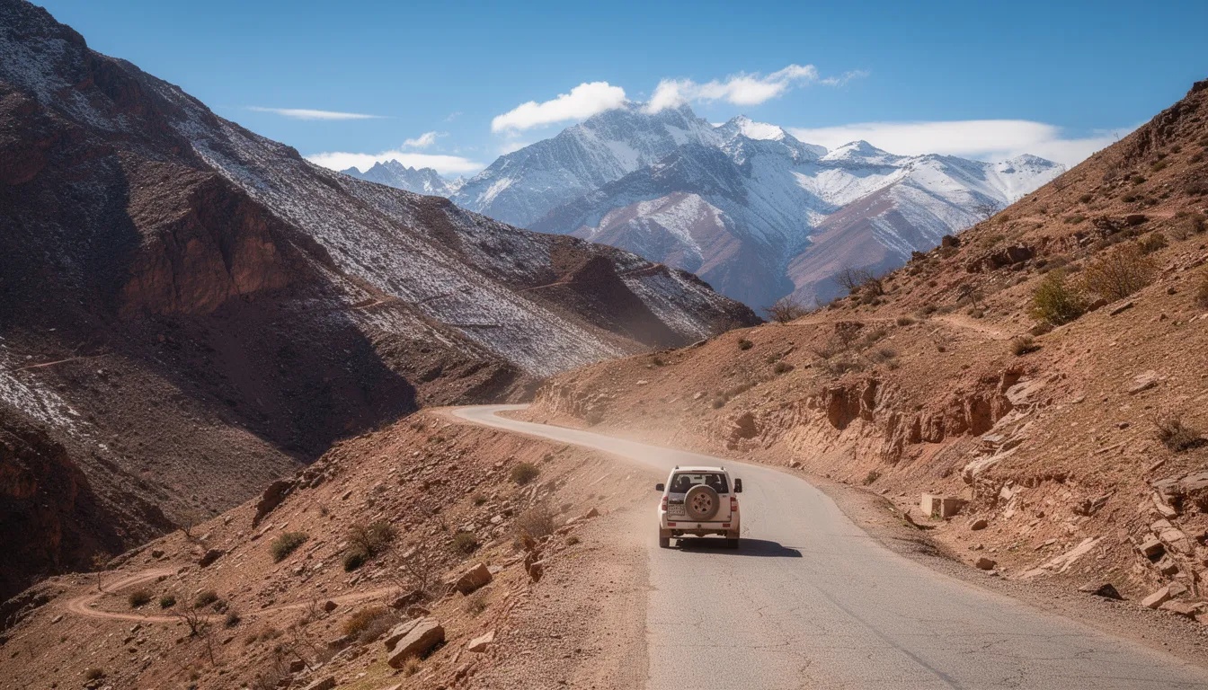 A white 4x4 vehicle navigates a winding mountain road with the majestic snow-capped peaks of the Atlas Mountains in the background, highlighting the stunning landscapes of Morocco. This scene captures the essence of adventure and exploration, perfect for those seeking guided desert tours in Morocco.