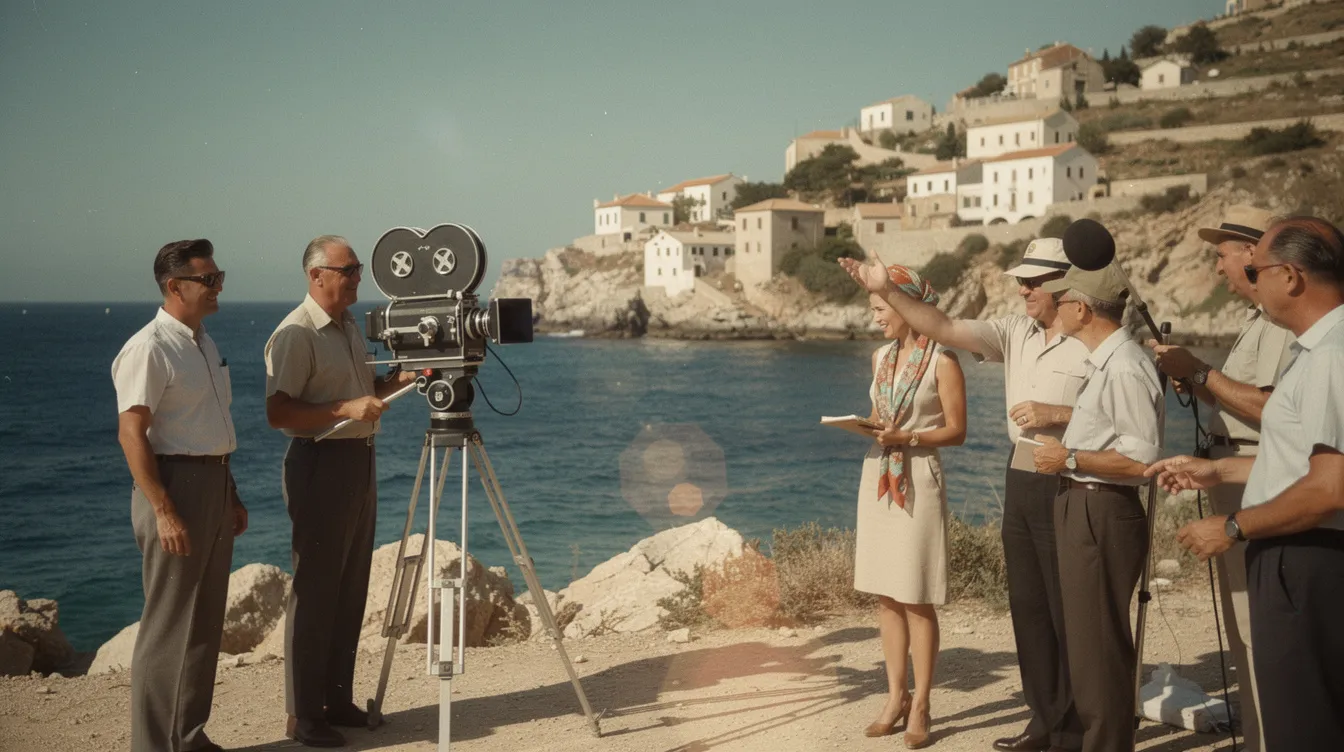 Das Bild zeigt ein Filmset im Freien aus den 1960er Jahren, wo eine Filmcrew vor einer malerischen mediterranen Küstenlandschaft arbeitet. Eine Kamera auf einem Stativ ist im Vordergrund sichtbar, während das Sonnenlicht die Szene in warmen Tönen erleuchtet, was an die Ästhetik von Jean-Luc Godard und den Film "Le Mépris" erinnert.
