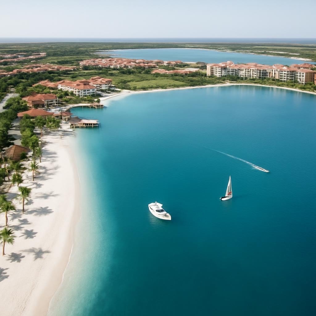 An aerial view of Miromar Lakes Beach and Golf Club showcases the expansive lake surrounded by a lush championship golf course and luxurious homes, highlighting the vibrant lifestyle of this award-winning community in Southwest Florida. The image captures the clear blue waters of the lake, the private white sand beach, and the elegant architecture of the estate homes, reflecting the upscale living and recreational amenities available to Miromar Lakes residents.