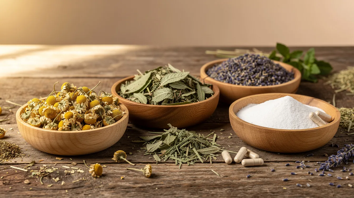 The image features wooden bowls filled with natural sleep-supporting ingredients, including dried herbs and magnesium, which are often used to improve sleep quality and address sleep disorders. These ingredients may help those experiencing trouble falling asleep or staying asleep throughout the night.