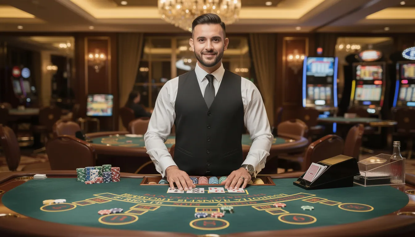 En professionell casinodealer står vid ett blackjackbord i en elegant miljö, omgiven av spelare som deltar i spelet. Bordet är prytt med gröna filtar och det finns spelmarker och kort synliga, vilket skapar en autentisk känsla av ett live casino.