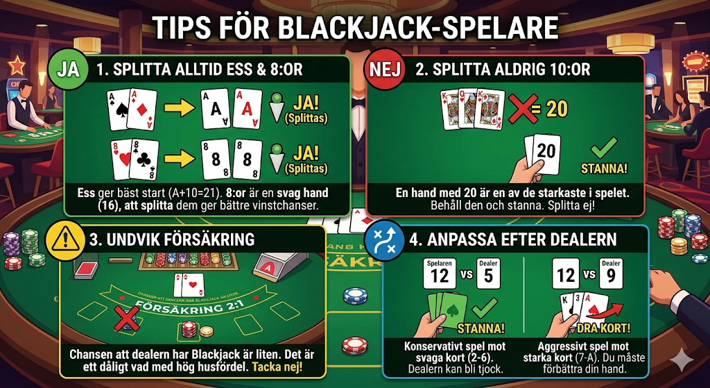 Tips för blackjack spelare – splitta ess och 8:or, undvik försäkring och anpassa spel efter dealern