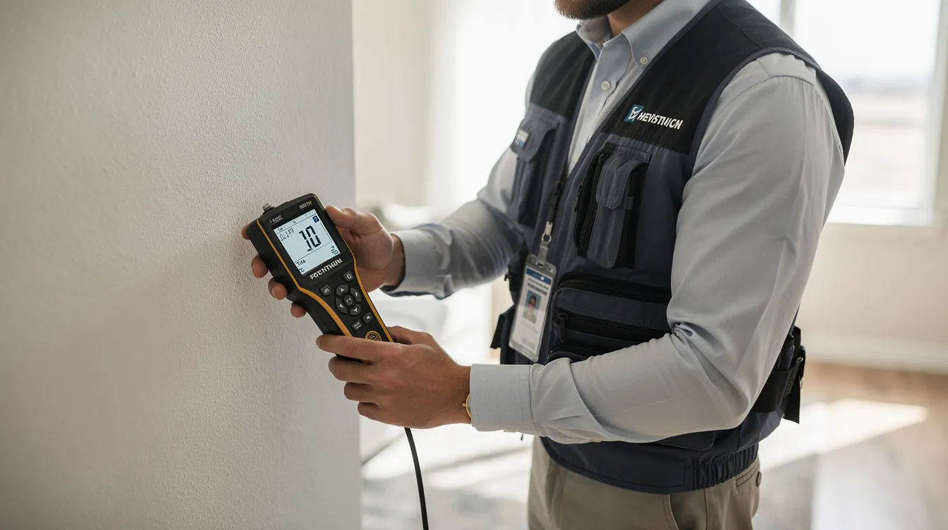 A professional inspector is using a moisture detection device on a wall to assess for potential mold growth and water damage. This inspection is crucial for identifying mold problems and ensuring proper remediation services to maintain indoor air quality and prevent health issues.