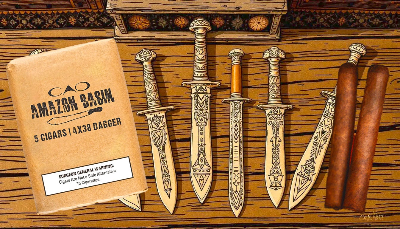 A selection of CAO Amazon Basin Daggers LE displayed on a rustic wooden table.