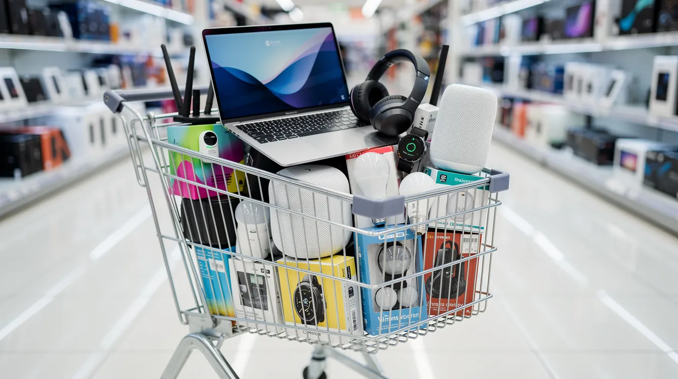 A shopping cart is filled with various electronics, including a sleek laptop, stylish headphones, and smart home devices, showcasing a variety of tech essentials available at retail stores like Best Buy. The cart represents the convenience of shopping for major brands and home appliances in one place.