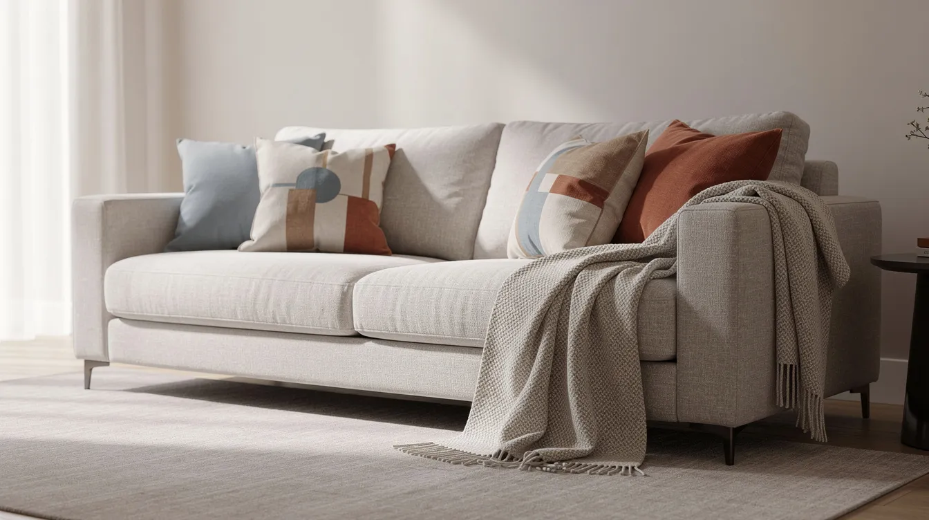 En snygg soffa med avtagbar klädsel, dekorerad med färgglada kuddar och en matchande pläd, som passar perfekt i vardagsrummet. Soffan har en tidlös design och erbjuder både komfort och stil för många år framöver.