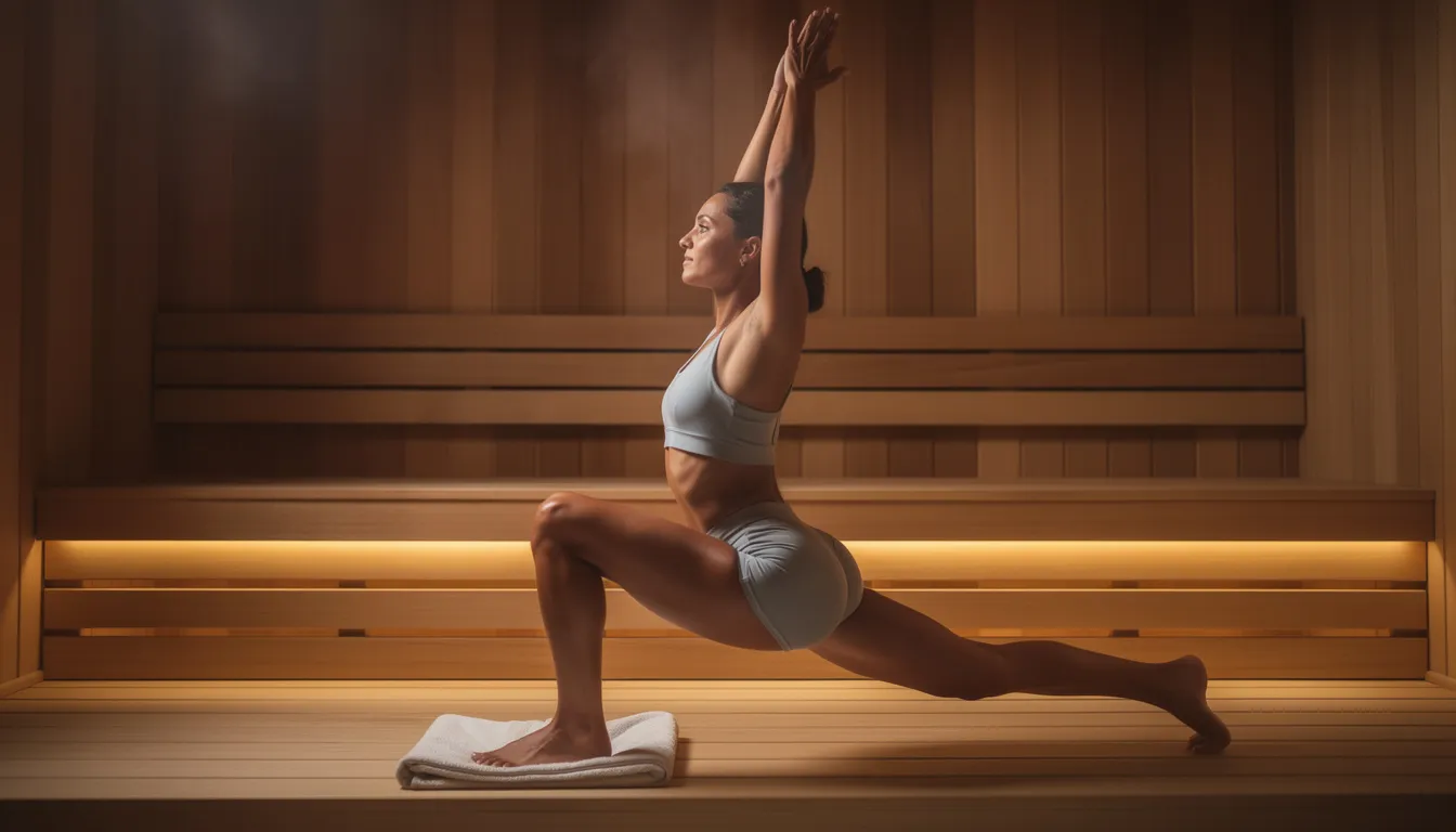 A person is practicing a low lunge yoga pose on a towel inside a warm wooden sauna, surrounded by the gentle heat that promotes relaxation and increases blood flow. This sauna yoga session combines the health benefits of yoga with the detoxifying effects of infrared heat, creating an intense experience for muscle recovery and overall well-being.