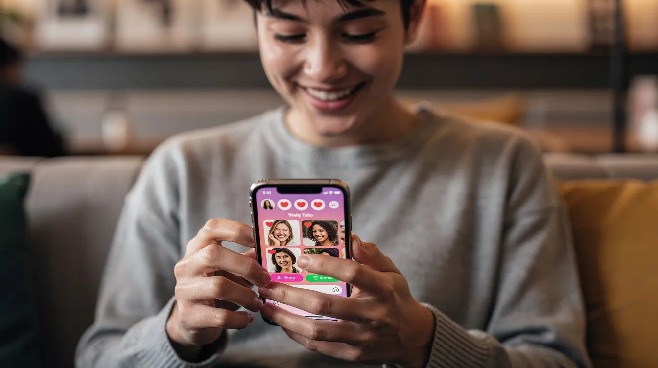 A person is smiling while holding a smartphone with a dating app open, engaged in texting. This moment captures the excitement of building emotional intimacy and connection with a potential partner in their love life.