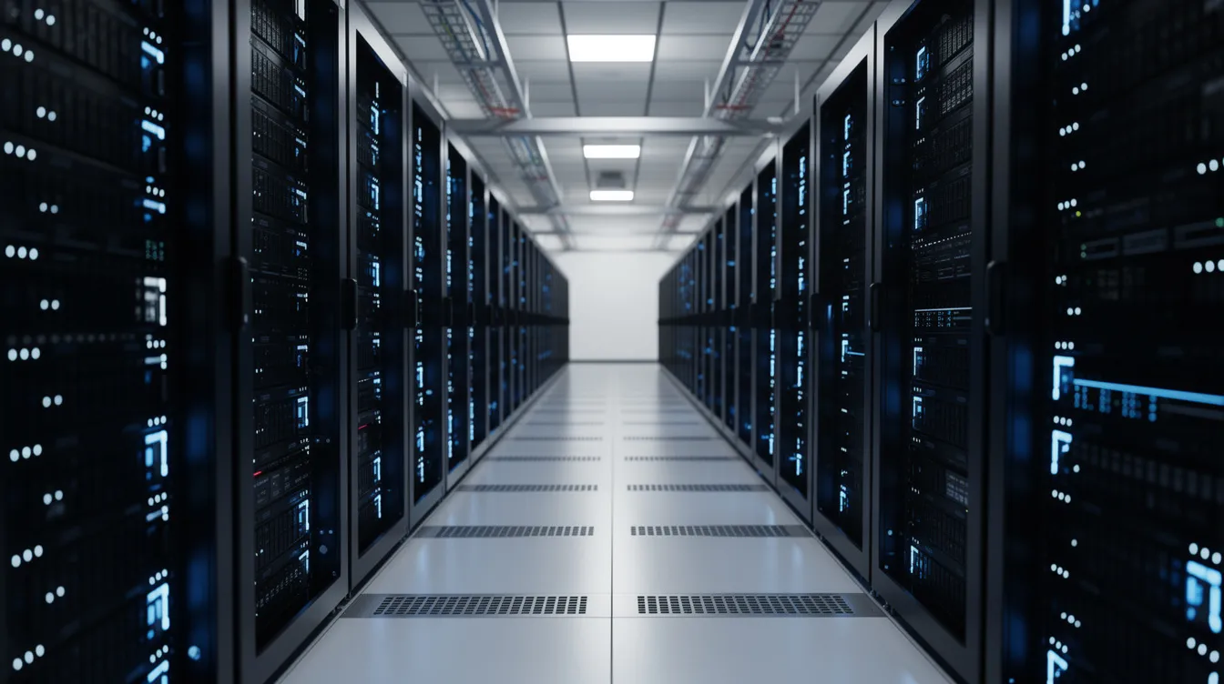 Rows of server hardware in a data center, representing cloud infrastructure used to meter digital service consumption.