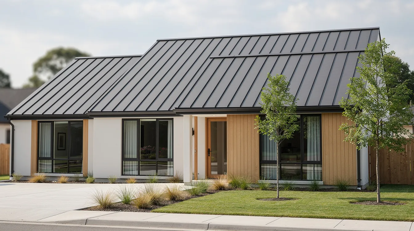 The image depicts a modern suburban home with a standing seam metal roof, showcasing a sleek design that enhances curb appeal. This roofing material is known for its durability and longevity, making it an excellent choice for Michigan's climate, especially during snowy winters and freeze-thaw cycles.