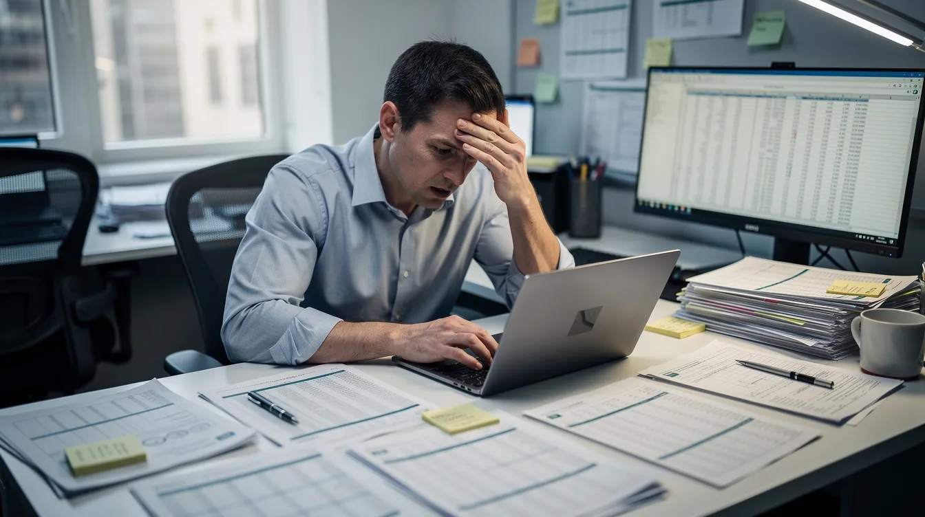 The image shows a person sitting at a desk cluttered with multiple spreadsheets and documents, appearing stressed while trying to manage complex data and key performance indicators. This scene reflects the challenges project managers face when dealing with real-time data and the need for effective tools like Power BI for creating dynamic dashboards and impactful presentations.