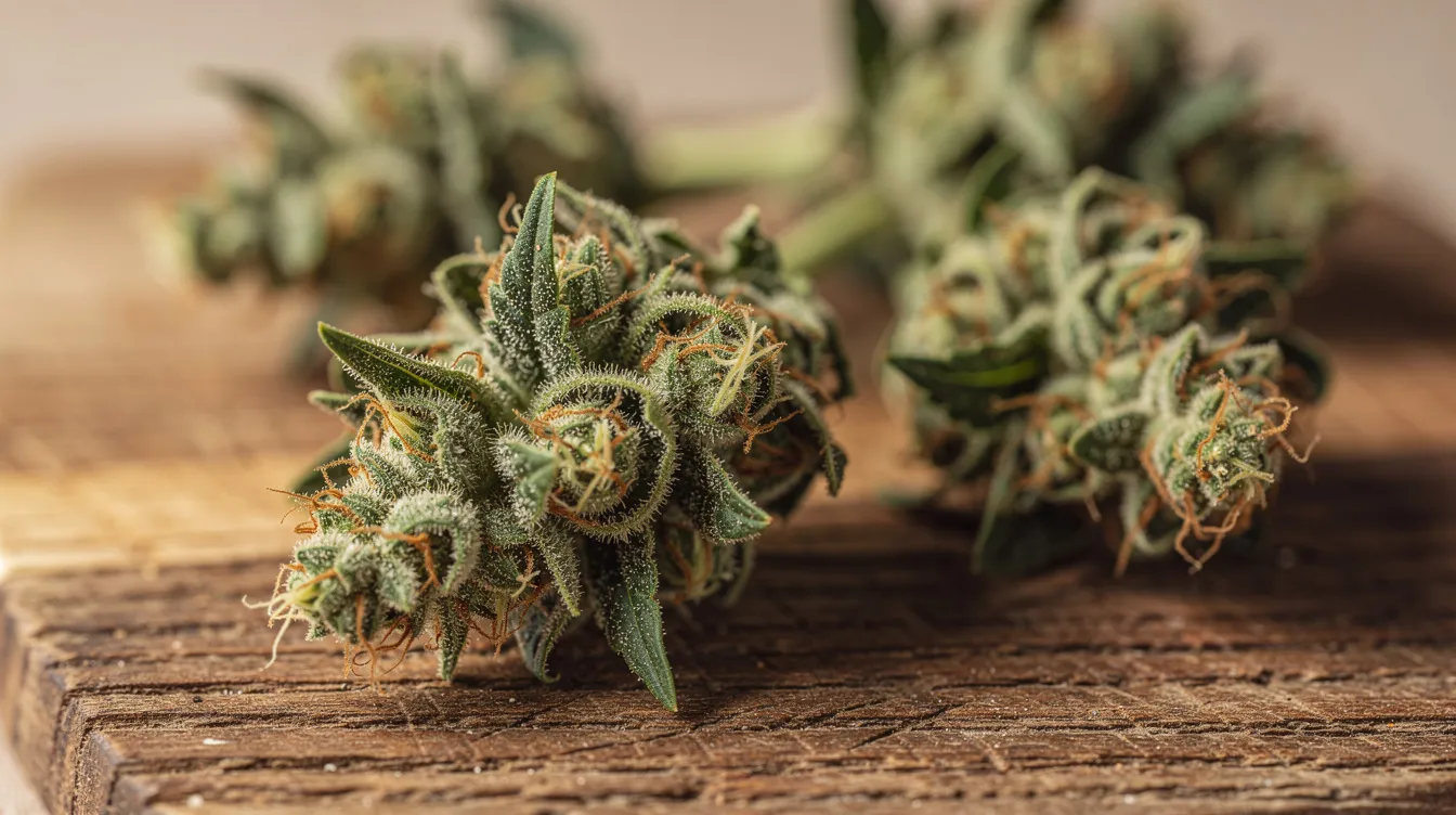 A close-up view of raw, unprocessed cannabis buds is displayed on a rustic wooden cutting board, showcasing the dense, green flowers that are often used in medical cannabis products. These buds represent the raw form of cannabis plants, which are subject to state regulations and laws, including those in West Virginia regarding legal access for registered medical cannabis patients.