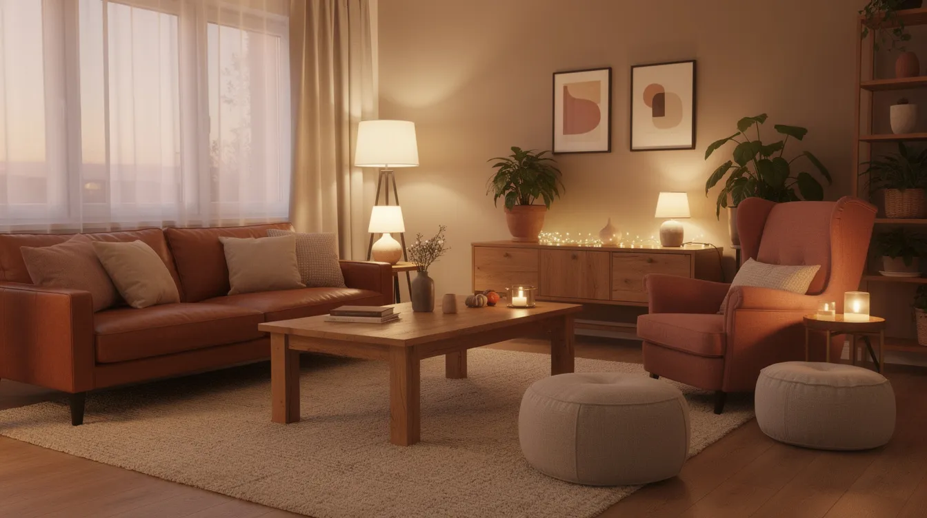 De afbeelding toont een gezellige woonkamer met een mix van houten, leren en stoffen meubels in warme kleuren. In het midden staat een houten eettafel omringd door een stoffen fauteuil en een leren bank, wat bijdraagt aan de natuurlijke uitstraling van de ruimte.