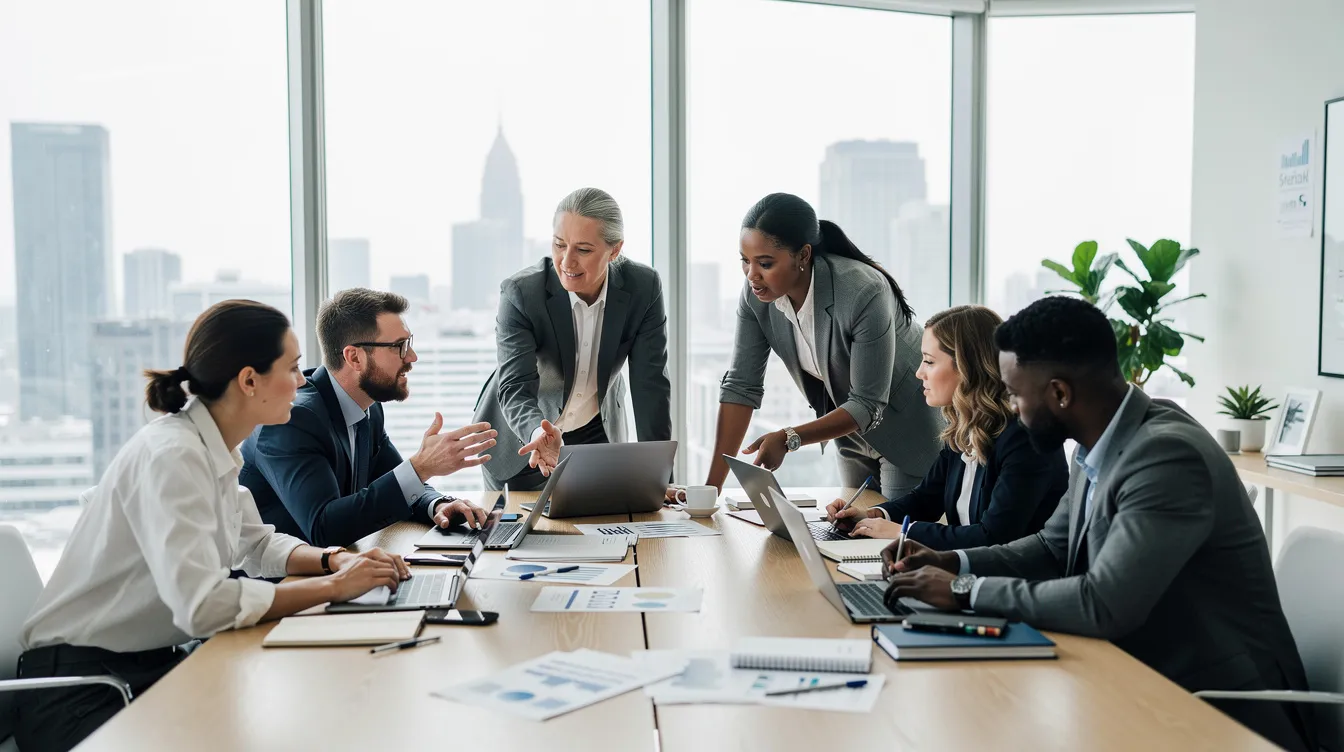 L'image montre un groupe diversifié de professionnels collaborant autour d'une table dans un bureau moderne et lumineux, avec des ordinateurs portables et des carnets. Cette scène illustre la richesse de la diversité et de l'inclusion au sein d'une équipe, favorisant l'innovation et la créativité dans un environnement de travail inclusif.