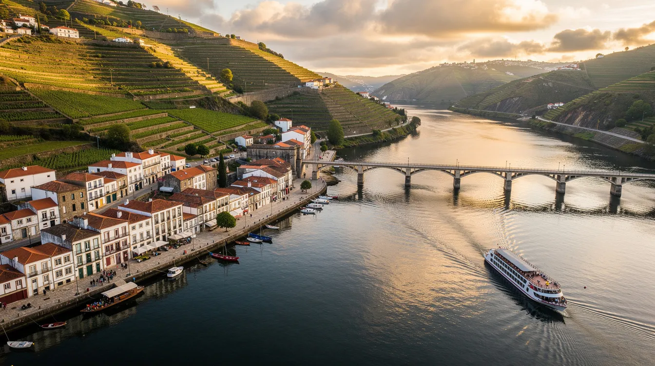 A imagem mostra uma vista panorâmica de Peso da Régua, uma cidade situada nas margens do rio Douro, em Portugal. Ao fundo, destacam-se as vinhas que produzem o famoso vinho do Porto, enquanto a ponte ferroviária e a igreja matriz compõem o cenário típico da região.