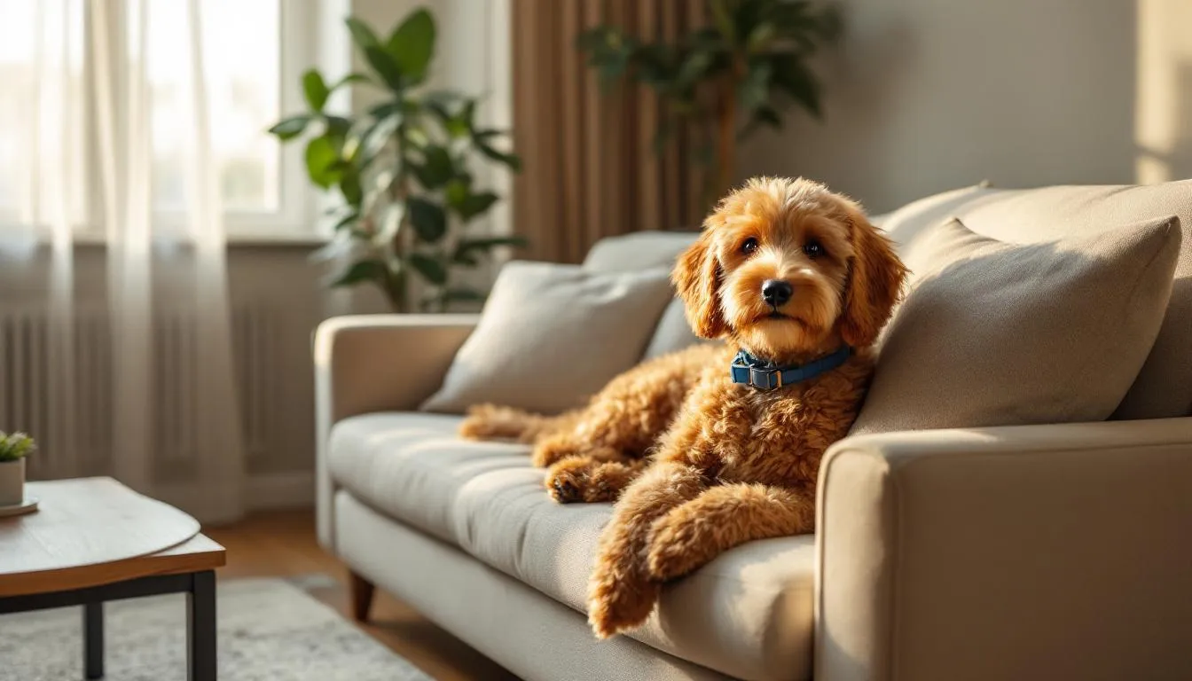 A teacup goldendoodle is comfortably relaxing in a cozy small apartment living room, showcasing its affectionate nature and low shedding coat. This tiny companion, a smaller version of the goldendoodle, is the perfect pet for families in apartment living, offering companionship and love.