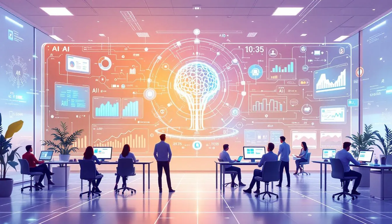 The image depicts a conceptual representation of autonomous AI and agentic AI systems at work, illustrating how these advanced AI systems analyze vast datasets and facilitate decision-making processes across various industries. It highlights the integration of decision support systems, showcasing the minimal human intervention required as AI agents operate independently to optimize organizational processes.