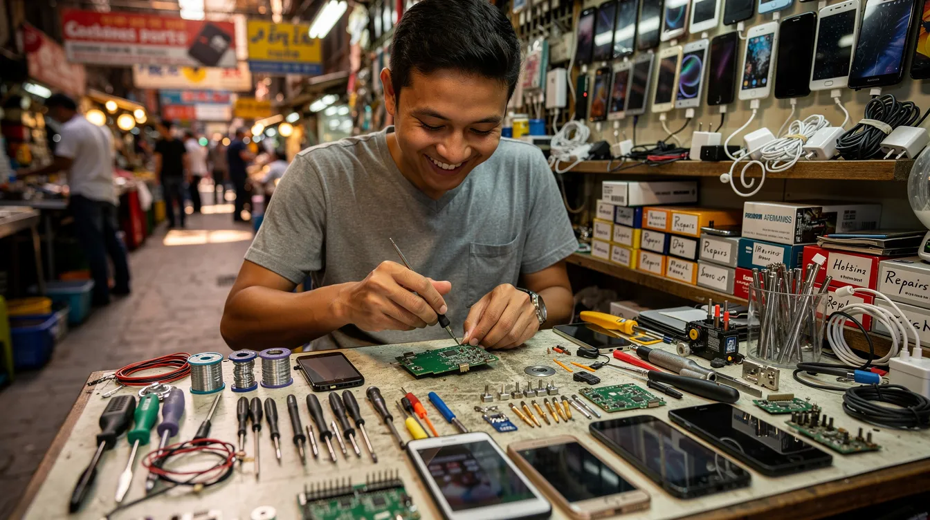 a066e5b0 de56 4e45 865f ed9f767942d8 The image depicts a cheerful individual working at a small electronics repair counter in a bustling market, showcasing their skills and dedication to providing quality service. This scene highlights the entrepreneurial spirit of small business owners, who often seek financial assistance through programs like the Mudra loan to support their ventures.