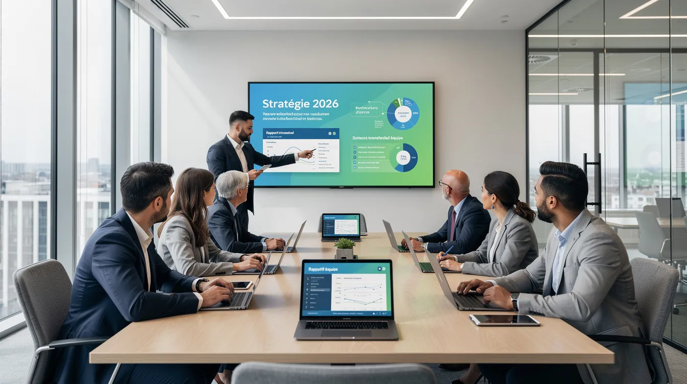 L'image montre des professionnels en pleine collaboration dans une salle de réunion moderne, entourés d'écrans numériques et d'ordinateurs portables. Ces membres d'équipe interagissent activement, illustrant l'importance de l'intelligence collective et de la communication dans le processus de prise de décision.