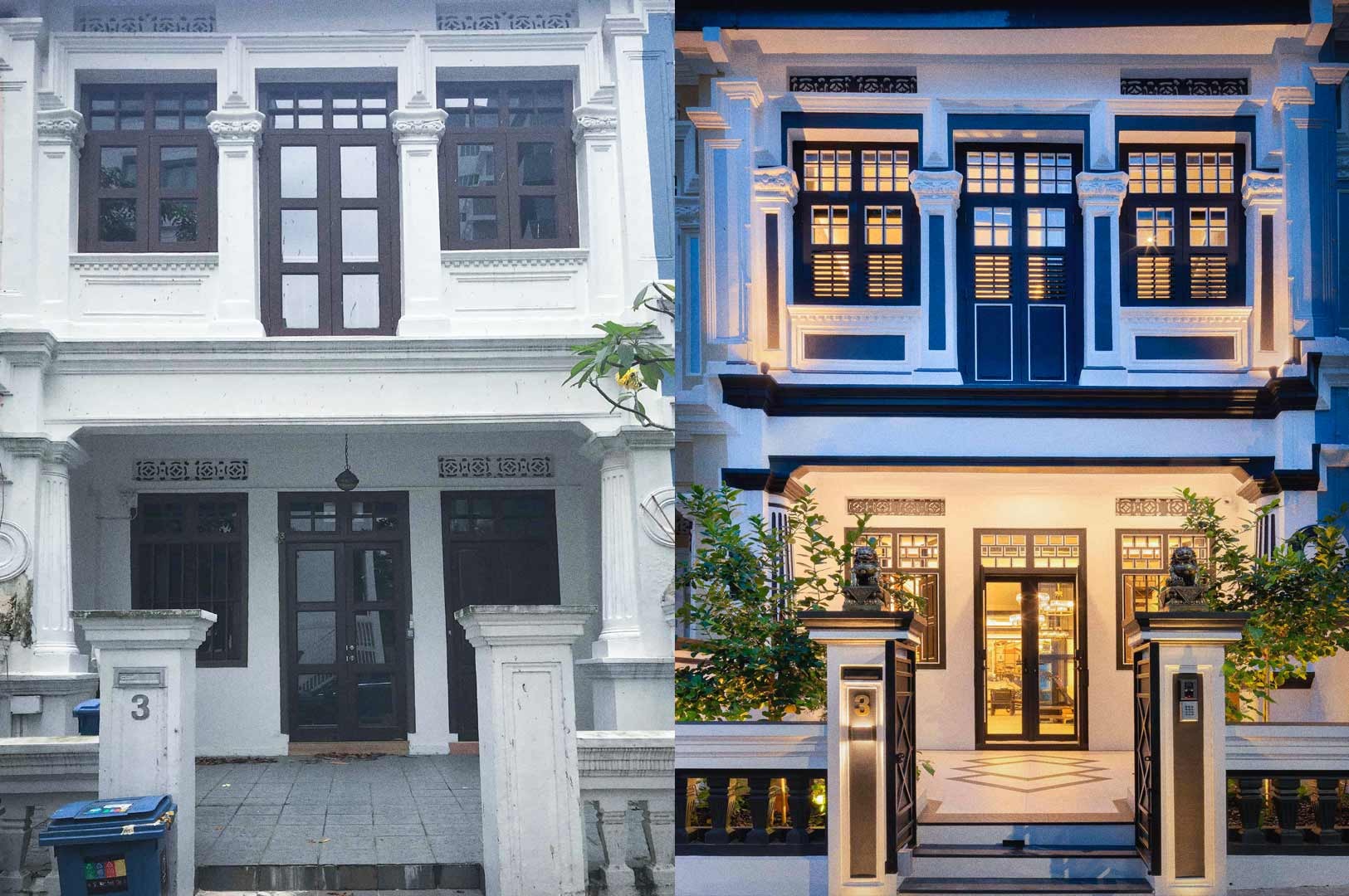Side‑by‑side comparison of a heritage townhouse before and after adaptive reuse. The left image shows a plain white façade with simple dark wooden doors and windows. The right image shows the same building restored with enhanced lighting, polished finishes, detailed trim, and landscaped entryway, giving it a more elegant and refined appearance.