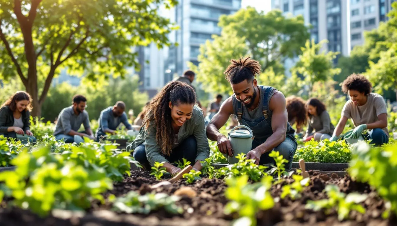 The image depicts a vibrant urban community garden where diverse residents collaborate to grow fresh vegetables, fostering health equity and promoting healthy lifestyles. This initiative not only addresses food security but also serves as a platform for community education and mental health support, highlighting the importance of public health in urban settings.