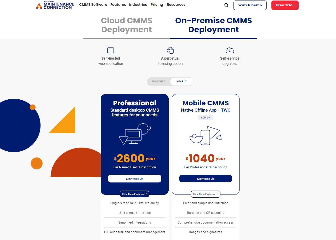 Maintenance Connection On-Premise CMMS Deployment Yearly Pricing