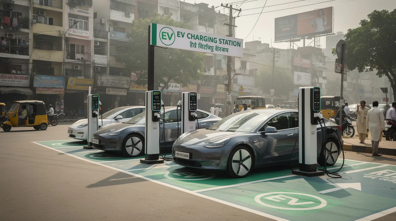 a069f5c3 aa85 4984 ab77 68024a1454cf The image shows a modern electric vehicle charging station located in an Indian city, featuring multiple charging points designed for electric vehicles. This infrastructure reflects the growing electrical industry and the demand for electrical services in urban areas, highlighting a potential business opportunity for entrepreneurs in the electrical equipment sector.